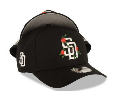 San Diego Padres New Era MLB 9FORTY 940 Adjustable A-Frame Cap Hat Black Crown/Visor White Logo With Rose Gray UV