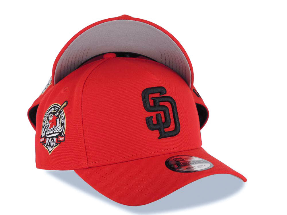 San Diego Padres New Era MLB 9FORTY 940 Adjustable A-Frame Cap Hat Red Crown/Visor Black Logo 40th Anniversary Side Patch Gray UV
