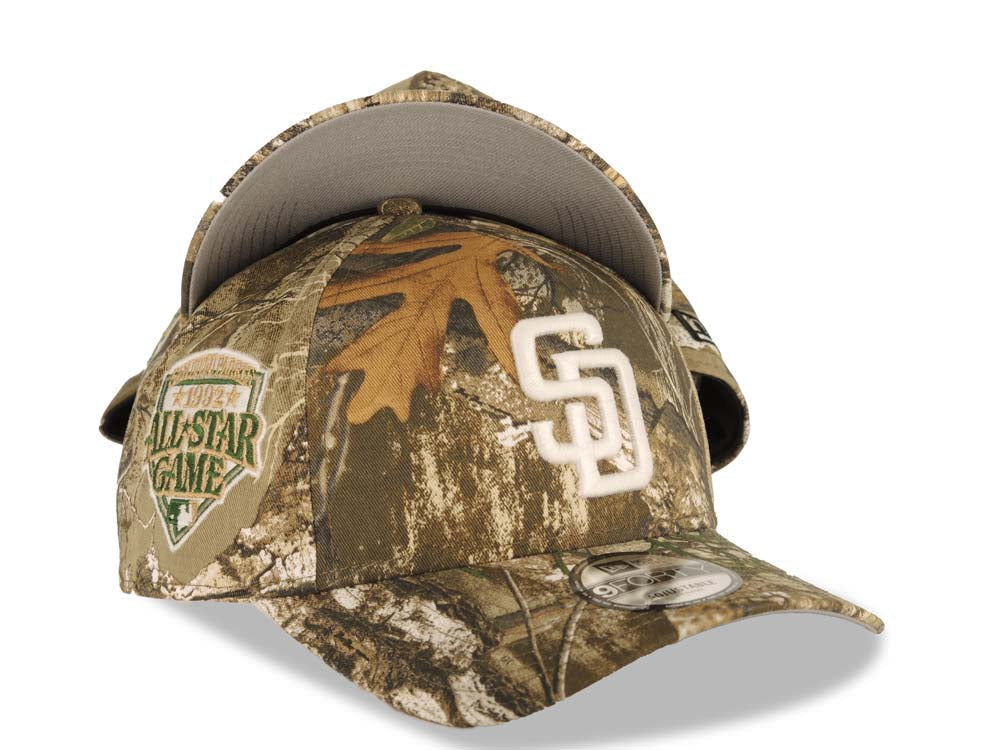 San Diego Padres New Era MLB 9FORTY 940 Adjustable A-Frame Cap Hat Real Tree Edge Camo Crown/Visor White Logo 1992 All-Star Game Side Patch Gray UV