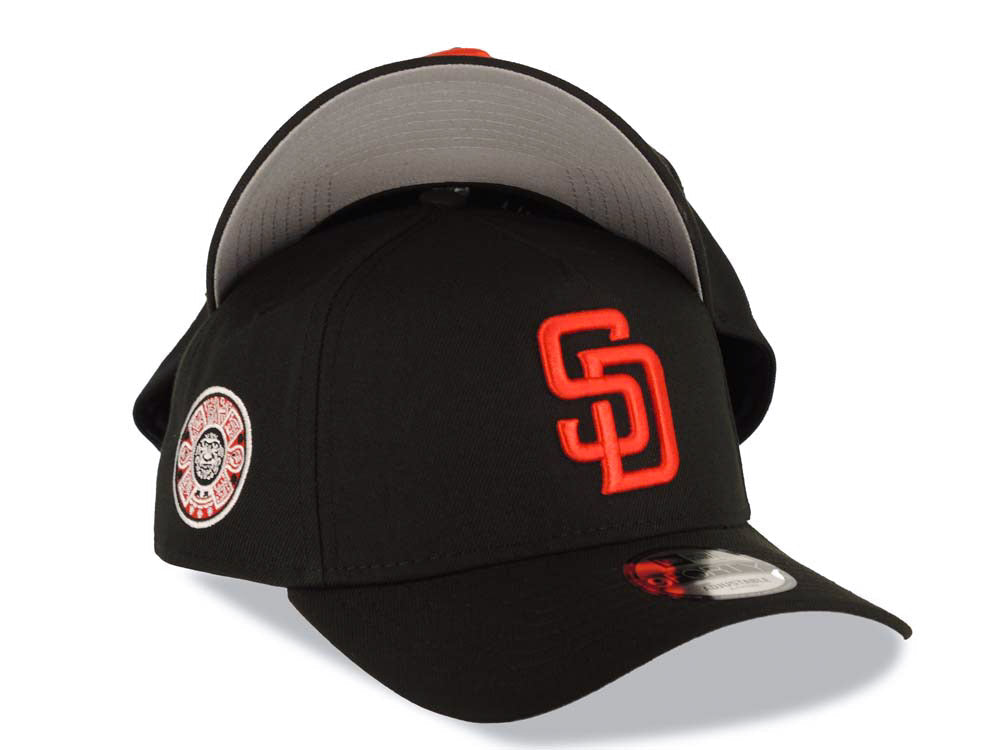 San Diego Padres New Era MLB 9FORTY 940 Adjustable A-Frame Cap Hat Black Crown/Visor Red Logo Calender Side Patch Gray UV