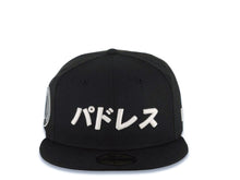 Load image into Gallery viewer, San Diego Padres New Era MLB 59FIFTY 5950 Fitted Cap Hat Black Crown/Visor Japan White Script Logo Matsui 1 Side Patch Gray UV
