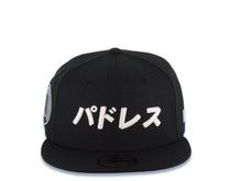 Load image into Gallery viewer, San Diego Padres New Era MLB 59FIFTY 5950 Fitted Cap Hat Black Crown/Visor White Japan Script Logo Darvish 11 Side Patch Gray UV
