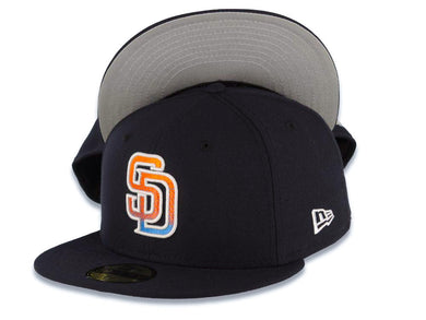 San Diego Padres New Era MLB 59FIFTY 5950 Fitted Cap Hat Navy Blue Crown/Visor Orange/Blue Logo Gray UV