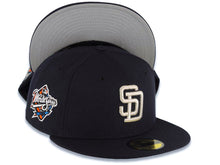 Load image into Gallery viewer, San Diego Padres New Era MLB 59FIFTY 5950 Fitted Cap Hat Navy Blue Crown/Visor Metallic Silver Logo 1998 World Series Side Patch Gray UV
