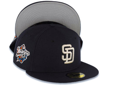 San Diego Padres New Era MLB 59FIFTY 5950 Fitted Cap Hat Navy Blue Crown/Visor Metallic Silver Logo 1998 World Series Side Patch Gray UV