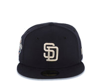 Load image into Gallery viewer, San Diego Padres New Era MLB 59FIFTY 5950 Fitted Cap Hat Navy Blue Crown/Visor Metallic Silver Logo 1998 World Series Side Patch Gray UV
