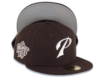 Load image into Gallery viewer, San Diego Padres New Era MLB 59FIFTY 5950 Fitted Cap Hat Brown Crown/Visor White Script P Logo 1998 World Series Side Patch Gray UV
