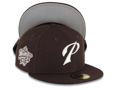 San Diego Padres New Era MLB 59FIFTY 5950 Fitted Cap Hat Brown Crown/Visor White Script P Logo 1998 World Series Side Patch Gray UV