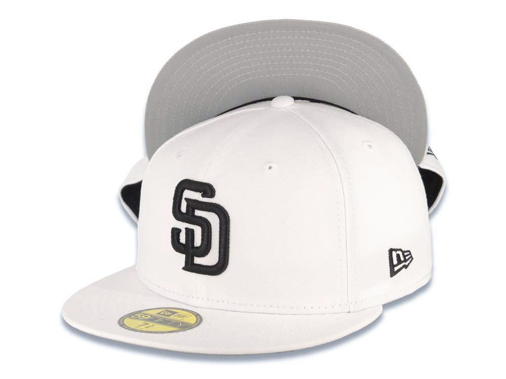 San Diego Padres New Era MLB 59FIFTY 5950 Fitted Cap Hat White Crown/Visor Black Logo Gray UV