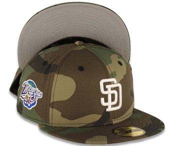 San Diego Padres New Era MLB 59FIFTY 5950 Fitted Cap Hat Camo Crown/Visor White Logo 1998 World Series Side Patch Gray UV