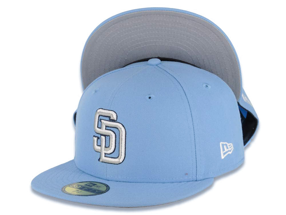 San Diego Padres New Era MLB 59FIFTY 5950 Fitted Cap Hat Sky Blue Crown/Visor White/Gray/Navy Logo Gray UV