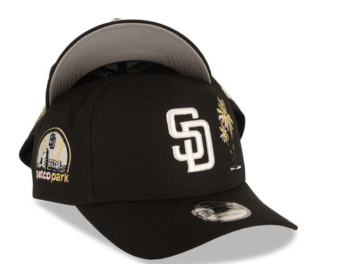 San Diego Padres New Era MLB 9FORTY 940 Adjustable A-Frame Cap Hat Black Crown/Visor White Logo With Palm Trees Petco Park Metallic Gold Side Patch