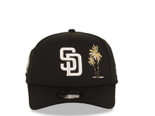 Load image into Gallery viewer, San Diego Padres New Era MLB 9FORTY 940 Adjustable A-Frame Cap Hat Black Crown/Visor White Logo With Palm Trees Petco Park Metallic Gold Side Patch
