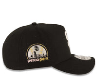 Load image into Gallery viewer, San Diego Padres New Era MLB 9FORTY 940 Adjustable A-Frame Cap Hat Black Crown/Visor White Logo With Palm Trees Petco Park Metallic Gold Side Patch
