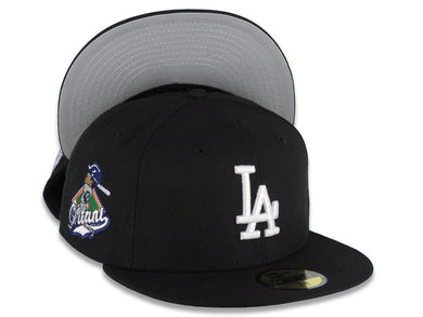 Los Angeles Dodgers New Era MLB 59FIFTY 5950 Fitted Cap Hat Black Crown/Visor White Logo Swinging Shohei Ohtani Side Patch (Gray UV)
