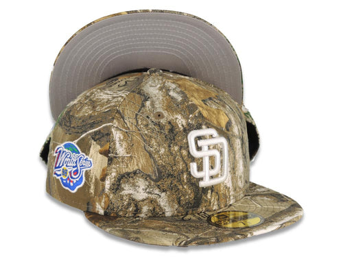 San Diego Padres New Era MLB 59FIFTY 5950 Fitted Cap Hat Real Tree Camo Crown/Visor White Logo 1998 World Series Side Patch (Gray UV)
