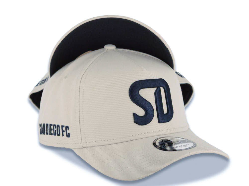 San Diego FC New Era MLS 9FORTY 940 Adjustable A-Frame Cap Hat Stone Crown/Visor Navy Blue Logo Navy Blue UV