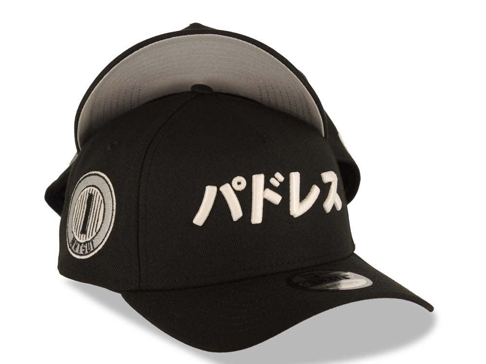 San Diego Padres New Era MLB 9FORTY 940 Adjustable A-Frame Cap Hat Black Crown/Visor White Japan Script/Text Logo 1 Mitsui Side Patch Gray UV