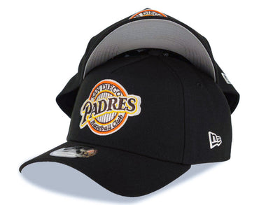 San Diego Padres New Era MLB 9FORTY 940 Adjustable A-Frame Cap Hat Black Crown/Visor Brown/Yellow Baseball Club Logo Gray UV