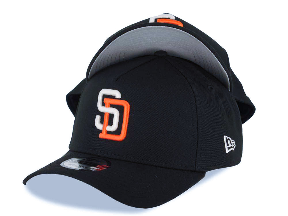 San Diego Padres New Era MLB 9FORTY 940 Adjustable A-Frame Cap Hat Black Crown/Visor Glow White/Orange Logo Gray UV