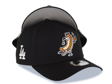 Los Angeles Dodgers New Era MLB 9FORTY 940 Adjustable A-Frame Cap Hat Black Crown/Visor Team Color Mascot Hot Dog Logo LA Side Patch Gray UV
