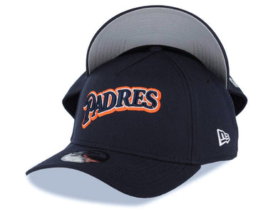San Diego Padres New Era MLB 9FORTY 940 Adjustable A-Frame Cap Hat Navy Blue Crown/Visor Navy Blue/Orange/White Script Logo