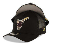 Load image into Gallery viewer, San Diego Padres New Era MLB 9FORTY 940 Adjustable A-Frame Trucker Mesh Cap Hat Black Crown/Visor Brown/Yellow Brown/Yellow Swinging Friar Logo
