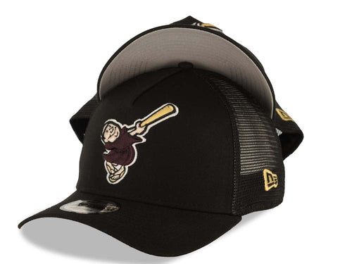 San Diego Padres New Era MLB 9FORTY 940 Adjustable A-Frame Trucker Mesh Cap Hat Black Crown/Visor Brown/Yellow Brown/Yellow Swinging Friar Logo
