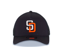 Load image into Gallery viewer, San Diego Padres New Era MLB 9FORTY 940 Adjustable A-Frame Trucker Mesh Cap Hat Black Crown/Visor White/Orange Logo Gray UV
