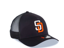 Load image into Gallery viewer, San Diego Padres New Era MLB 9FORTY 940 Adjustable A-Frame Trucker Mesh Cap Hat Black Crown/Visor White/Orange Logo Gray UV
