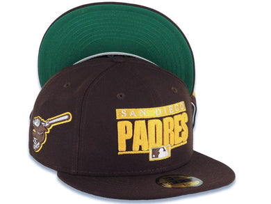 San Diego Padres New Era MLB 59FIFTY 5950 Fitted Cap Hat Brown Crown/Visor Yellow/White Text Logo Swinging Friar Side Patch Green UV