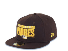 Load image into Gallery viewer, San Diego Padres New Era MLB 59FIFTY 5950 Fitted Cap Hat Brown Crown/Visor Yellow/White Text Logo Swinging Friar Side Patch Green UV
