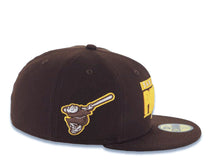 Load image into Gallery viewer, San Diego Padres New Era MLB 59FIFTY 5950 Fitted Cap Hat Brown Crown/Visor Yellow/White Text Logo Swinging Friar Side Patch Green UV

