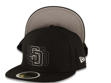 (Youth) San Diego Padres New Era MLB 59FIFTY 5950 Fitted Kid Cap Hat Black Crown/Visor Black/White Trio Logo (Trio Log)