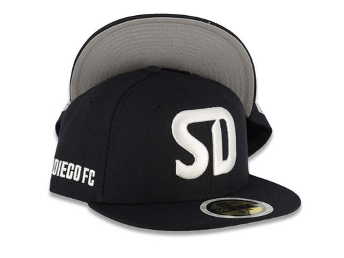 (Youth) San Diego FC New Era MLS 59FIFTY 5950 Kid Fitted Cap Hat Dark Navy Blue Crown/Visor White SD Logo Gray UV
