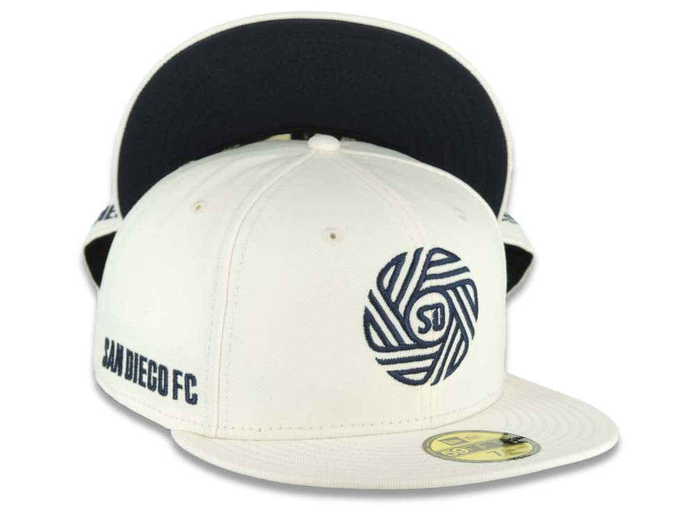 San Diego FC New Era MLS 59FIFTY 5950 Fitted Cap Hat Cream Crown/Visor Navy Blue Logo Navy Blue UV