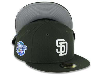 San Diego Padres New Era MLB 59FIFTY 5950 Fitted Cap Hat Dark Green Crown/Visor White Logo 1998 World Series Side Patch Gray UV