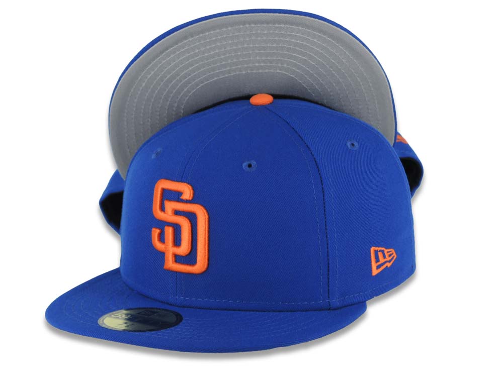 San Diego Padres New Era MLB 59FIFTY 5950 Fitted Cap Hat Royal Blue Crown/Visor Orange Logo XL Back Logo Gray UV