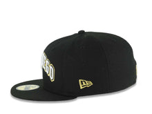 Load image into Gallery viewer, San Diego Padres New Era MLB 59FIFTY 5950 Fitted Cap Hat Black Crown/Visor White/Black/Metallic Gold Text/Script Logo 619 Back Logo
