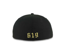 Load image into Gallery viewer, San Diego Padres New Era MLB 59FIFTY 5950 Fitted Cap Hat Black Crown/Visor White/Black/Metallic Gold Text/Script Logo 619 Back Logo
