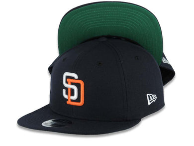 San Diego Padres New Era MLB 9FIFTY 950 Original Fit Snapback Cap Hat Navy Blue Crown/Visor White/Orange Logo Green UV