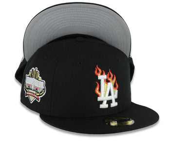 Los Angeles Dodgers New Era MLB 59FIFTY 5950 Fitted Cap Hat Black Crown/Visor White With Flame Logo 40th Anniversary Side Patch
