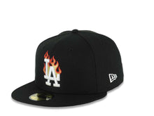 Load image into Gallery viewer, Los Angeles Dodgers New Era MLB 59FIFTY 5950 Fitted Cap Hat Black Crown/Visor White With Flame Logo 40th Anniversary Side Patch
