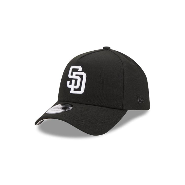 San Diego Padres New Era MLB 9FORTY 940 Adjustable A-Frame Cap Hat Black Crown/Visor White Logo Gray UV