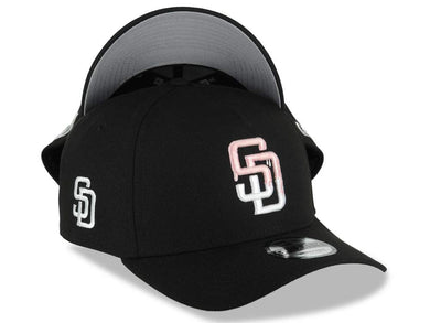 San Diego Padres New Era MLB 9FORTY 940 Adjustable A-Frame Cap Hat Black Crown/Visor Pink Drip With White Logo Gray UV