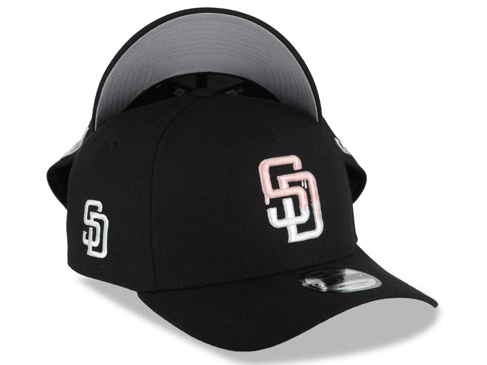 San Diego Padres New Era MLB 9FORTY 940 Adjustable A-Frame Cap Hat Black Crown/Visor Pink Drip With White Logo Gray UV
