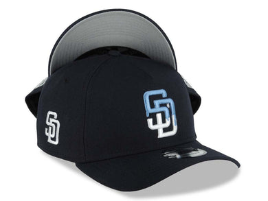 San Diego Padres New Era MLB 9FORTY 940 Adjustable A-Frame Cap Hat Navy Blue Crown/Visor White/Sky Blue Drip Logo Gray UV