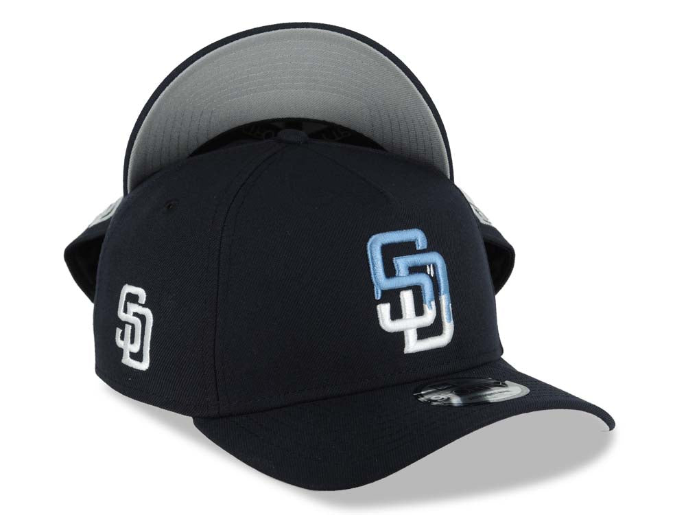 San Diego Padres New Era MLB 9FORTY 940 Adjustable A-Frame Cap Hat Navy Blue Crown/Visor White/Sky Blue Drip Logo Gray UV