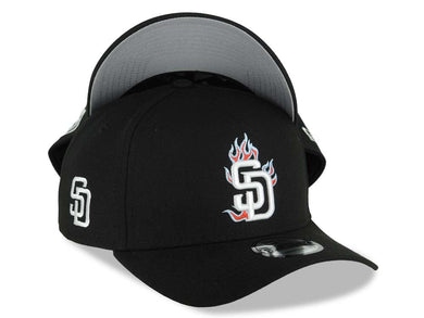 San Diego Padres New Era MLB 9FORTY 940 Adjustable A-Frame Cap Hat Black Crown/Visor White With Red Fire Flame Logo Gray UV