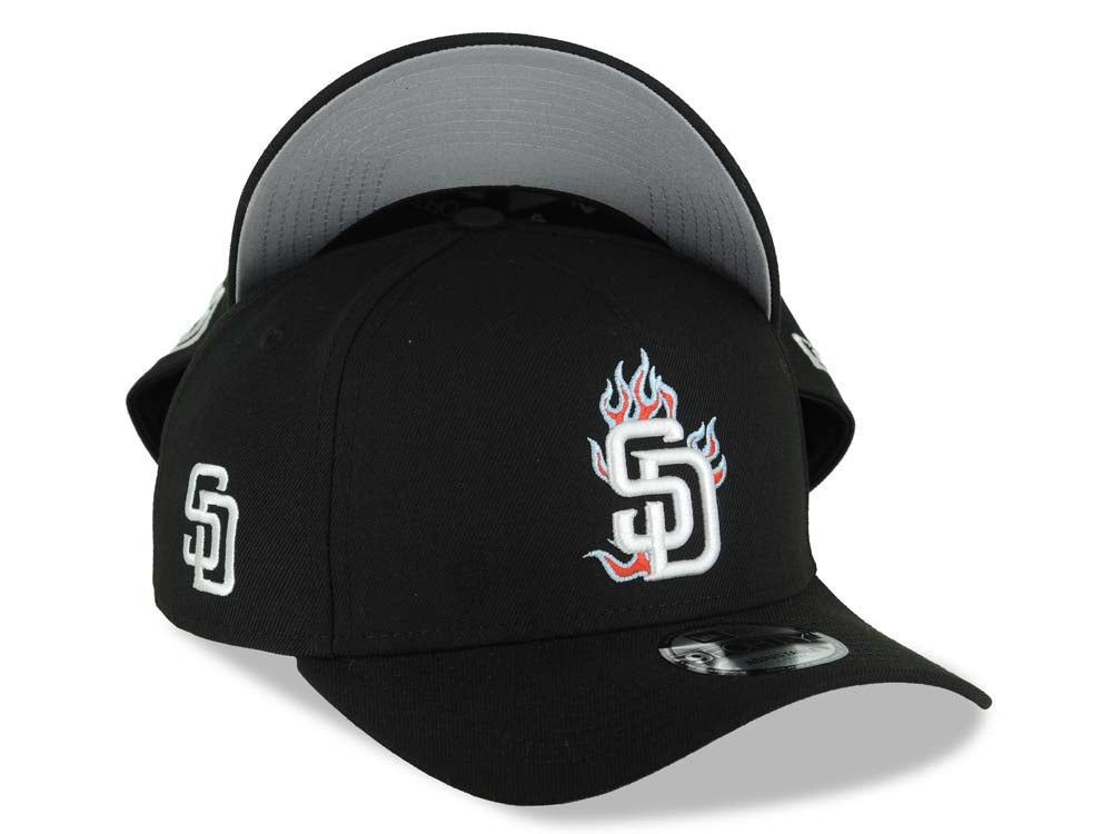 San Diego Padres New Era MLB 9FORTY 940 Adjustable A-Frame Cap Hat Black Crown/Visor White With Red Fire Flame Logo Gray UV